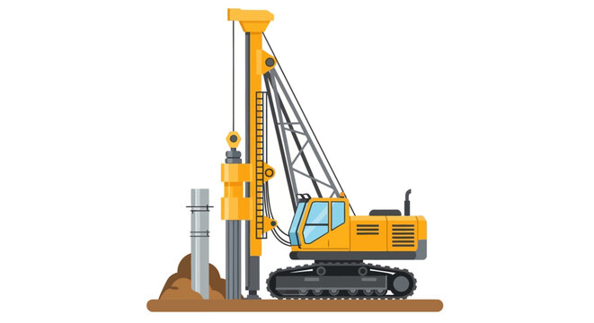 Heavy Hydraulic Pile Driving Machine Vector Illustration for Construction and Civil Engineering. Industrial Piling Rig for Ground Foundation Work on White Background.