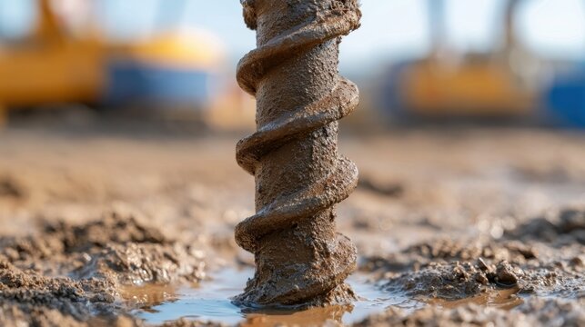 Close-Up View of a Dirty Helical Drill Bit in Muddy Ground with Construction Equipment in Background for Industrial and Construction Use