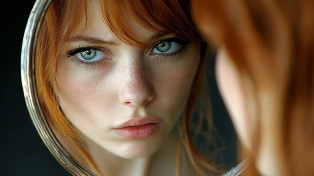 selective focus young person looking in mirror with doubtful expression