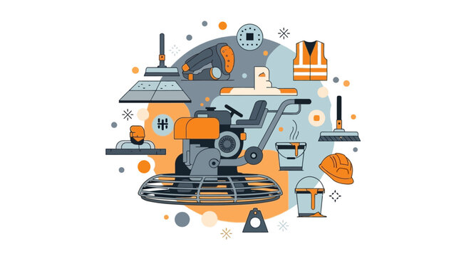 Industrial Floor Finishing and Construction Equipment Illustration - Power Trowel, Safety Vest, Hard Hat, and Maintenance Tools Flat Vector Set