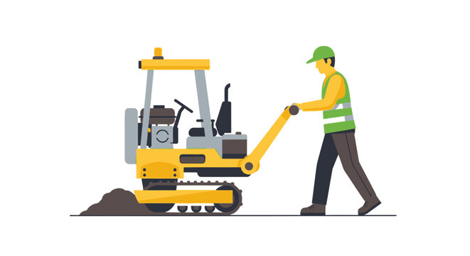 Construction Worker Operating Small Yellow Tracked Excavation Machine Vector Illustration
