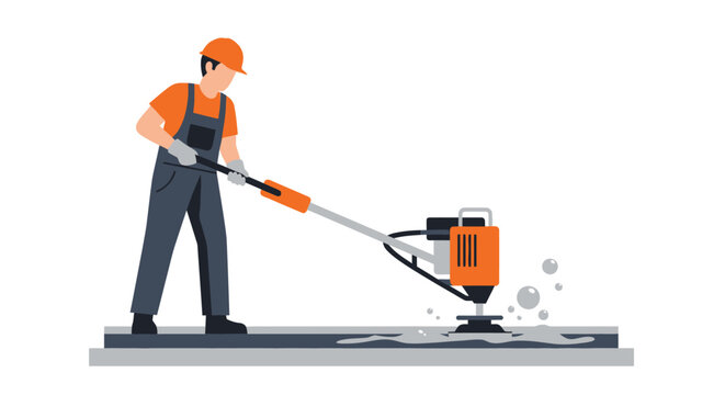 Construction Worker Operating Vibratory Rammer for Soil Compaction, Manual Site Preparation with Jumping Jack Tamper Tool, Flat Vector Illustration Isolated on White Background