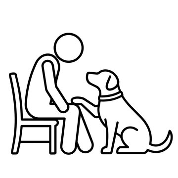 Line art icon of a person sitting on a chair interacting with a loyal dog for comfort