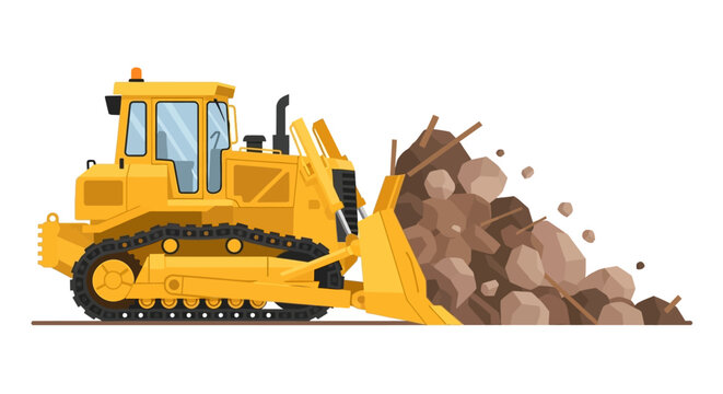 Heavy Yellow Bulldozer Flat Illustration Pushing Pile of Rocks on White Background