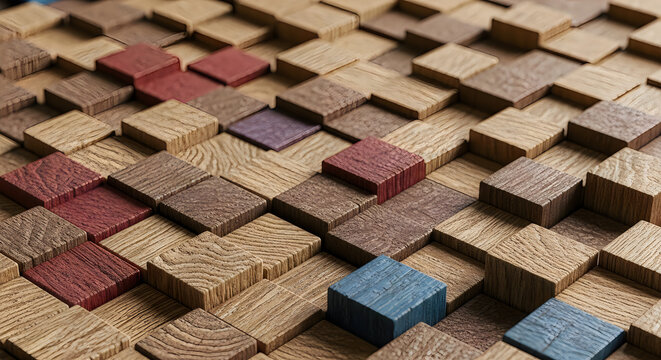A mosaic of wooden blocks in various colors and textures arranged in a grid pattern
