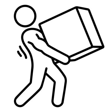 Line art icon of a person with back pain carrying a heavy box from improper lifting posture