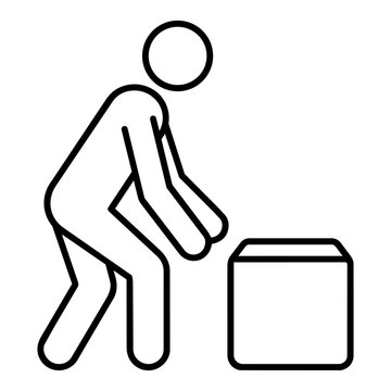 Stick Figure Lifting Box with Incorrect Bending Posture Line Art Vector Icon
