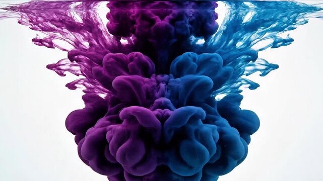 Two streams of colorful ink colliding in water, forming complex symmetrical patterns, front camera angle, slow motion capture, soft lighting, high clarity, 4K ProRes 4444.