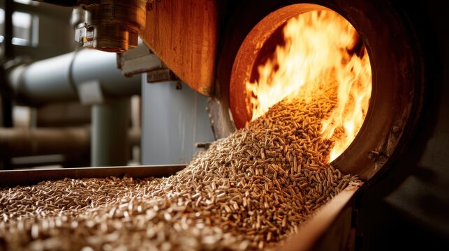 Biomass pellets being poured into boiler
