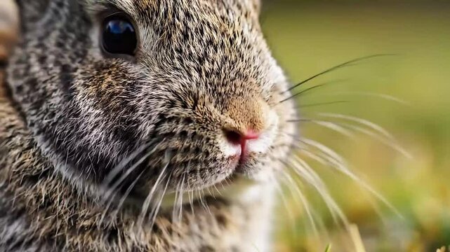 Close-up macro shot of a cute wild rabbit's face in a grassy field, showcasing its fur texture and whiskers