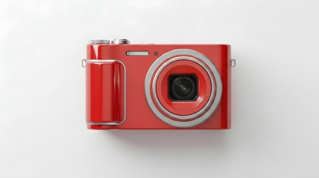 Stylish red compact digital camera flat lay on clean white surface photography equipment