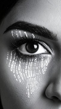 Cyber security concept. Close up of woman's eye with binary code