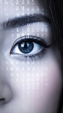 Cyber security concept. Close up of woman's eye with binary code