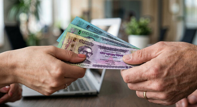 Close Up of Hands Exchanging Bangladeshi Taka Banknotes Indoors &ndash; Bangladesh Currency Transaction, Cash Payment and Finance Concept
