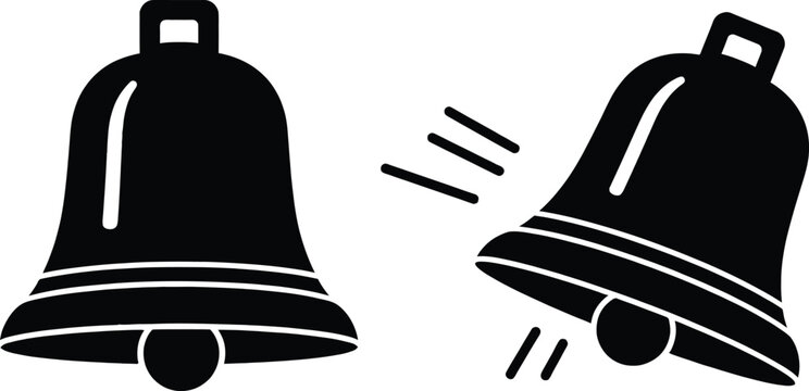 Two black bell illustrations one still one ringing with sound waves
