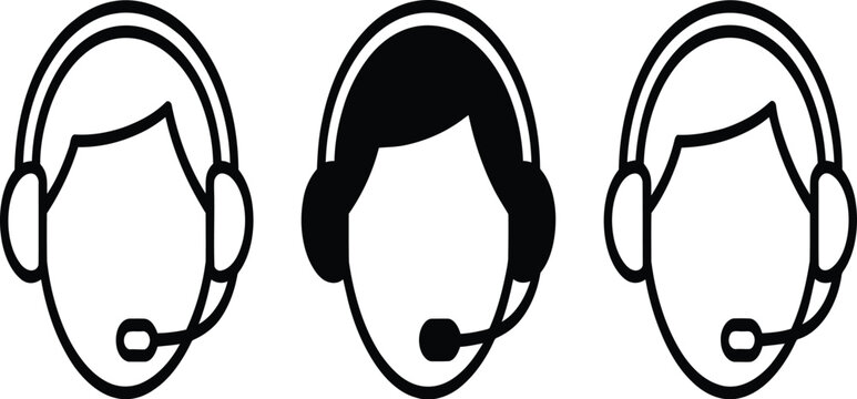 Customer service headset icon various styles illustration set features technical support agent symbols, designed for communication and helpdesk service concepts.