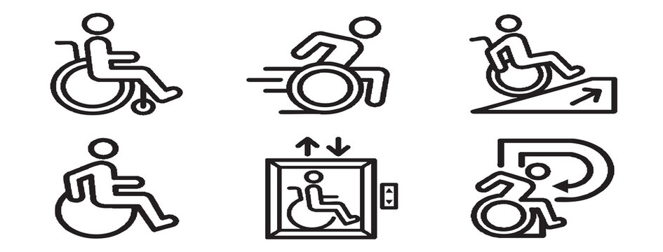 Illustrations of people with disabilities using wheelchair ramps and elevators 050b