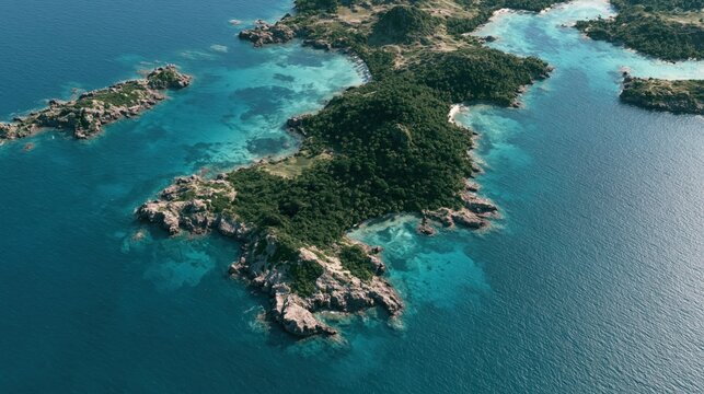 Satellite photo of a lush green island with a vibrant turquoise ocean and multiple adjacent isles.