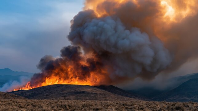 Dramatic landscape scene capturing a colossal wall of fire roaring across a dense woodland area during the day, creating massive smoke plumes and intense orange glow from the wind-driven flames.