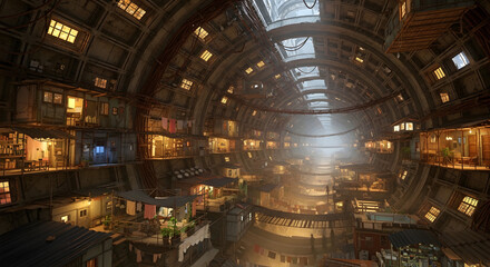 Obraz premium An expansive, multi-level marketplace with numerous stalls and dwellings built into a large, circular structure, illuminated by ambient light from above