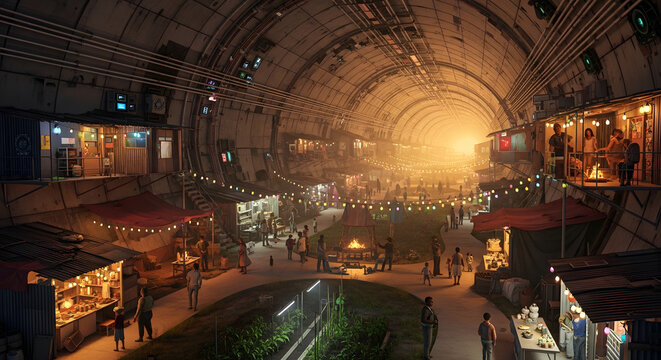 Vibrant underground market teeming with life and activity, lit by warm glowing lights emanating from stalls and tunnels