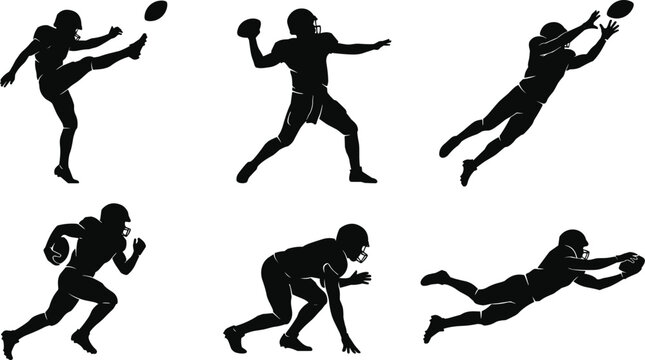 American football player silhouettes collection featuring athletes kicking throwing catching running and tackling isolated on white background