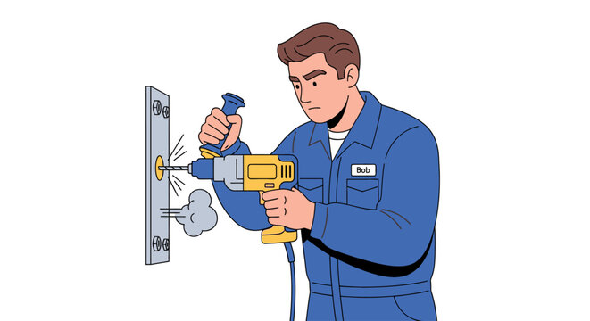Handyman in blue uniform using electric power drill to make a hole in a metal plate.