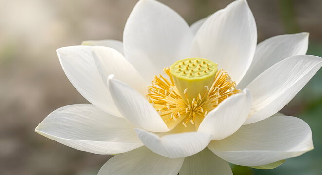 Macro of a beautiful blooming white lotus flower with yellow stamen, purity and serene nature concept.