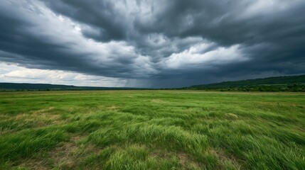 Obraz premium Open grassy plain shadowed by heavy dark clouds before a rainfall, with distant hills on the horizon.