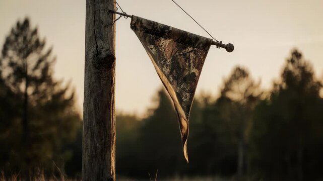 Rustic flag on wooden pole in serene forest setting at sunset