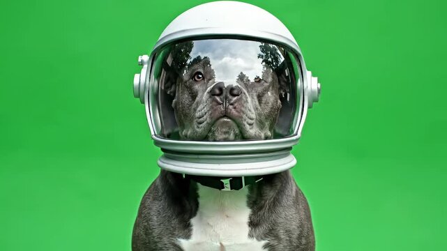Cute pit bull dog wearing an astronaut helmet with a green screen background.