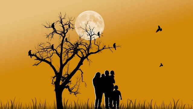 Silhouette family against full moon and bare tree with birds at sunset in warm orange sky.