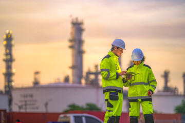 Two industrial workers in high-visibility safety uniforms discuss work plans on-site during golden hour, with a refinery or factory plant blurred in the background. © ultramansk