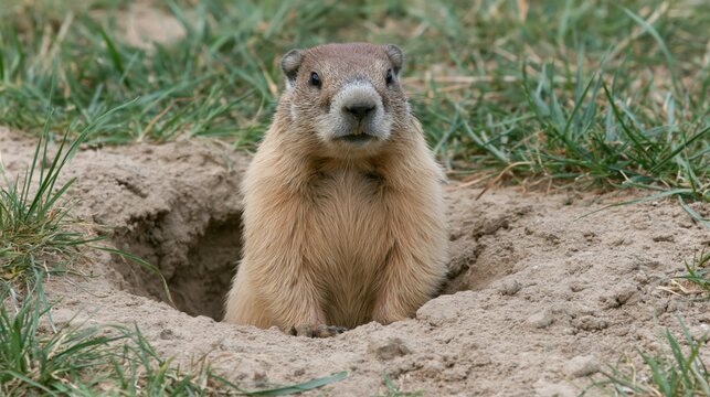 Joyful groundhog emerging from its burrow to explore fresh green spring grass.