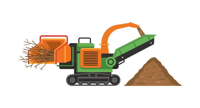 Tracked Industrial Wood Chipper Shredder Machine Vector Illustration for Forestry and Landscaping