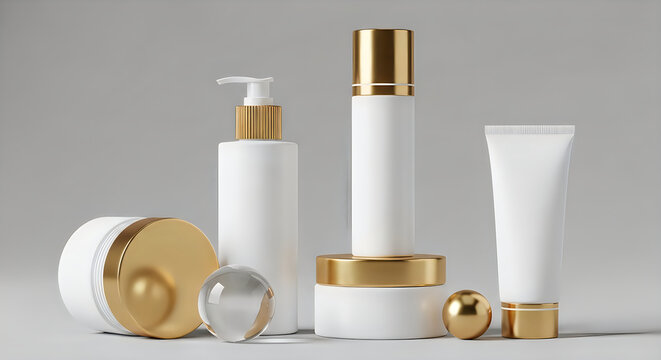 White and gold luxury skincare product packaging on gray background