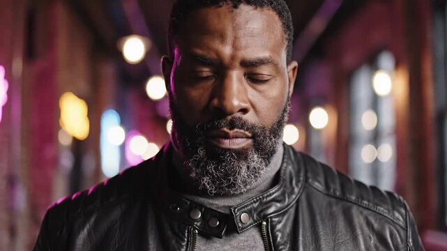 Man with beard in black leather jacket and grey turtleneck