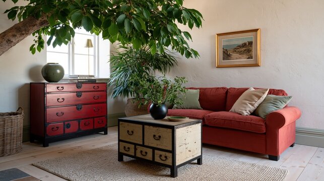 Ecology themed boho living space under a leafy tree branch featuring a Japanese chest of drawers.