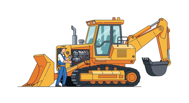 Mechanic repairing a heavy yellow excavator construction machine illustration