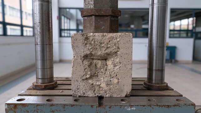 Universal testing machine applying pressure to a solid concrete block to determine its structural integrity.