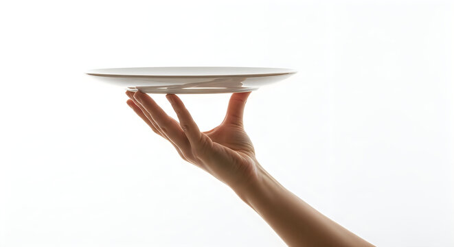 A hand holding a white plate isolated on white background