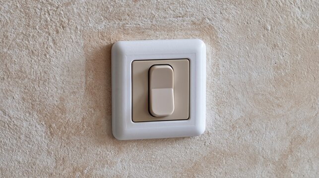 Macro view of a single light toggle positioned on a smooth, non-reflective beige surface.