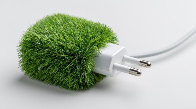 Green grass-covered power adapter with two prongs and a white cable, placed on a light gray surface, symbolizing eco-friendly technology and sustainability