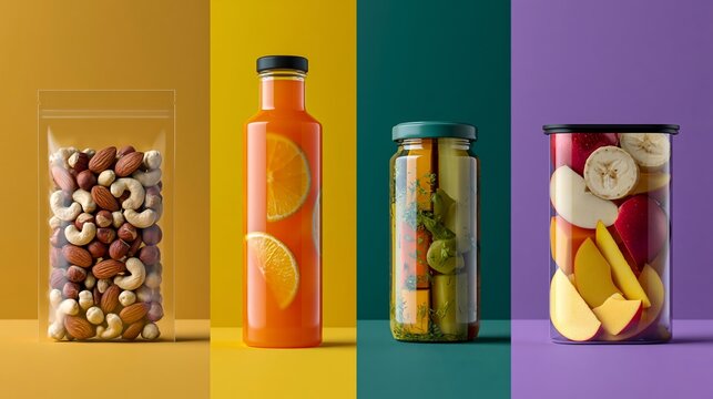 Assorted healthy snacks including mixed nuts, fruit juice, pickled vegetables, and sliced fruits in jars displayed on colorful backgrounds