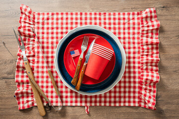 Patriotic plate setting with American flag centered top view