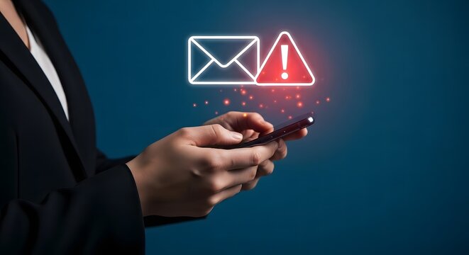 A person in a formal suit jacket holding a smartphone and interacting with a glowing email and a red warning triangle, representing a digital security alert, phishing attempt, or spam notification