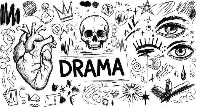 Drama collage artwork, anatomical heart sketch, human skull illustration, stylized eyes doodles, abstract shapes composition, emotional life mortality, flat vector illustration