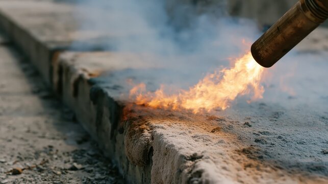 Scientific fire resistance test showing high temperature torch flame against black fabric.