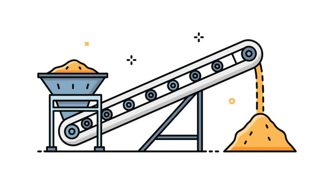 Industrial conveyor belt system transports bulk material like sand or grain from a hopper to a large outdoor storage pile.