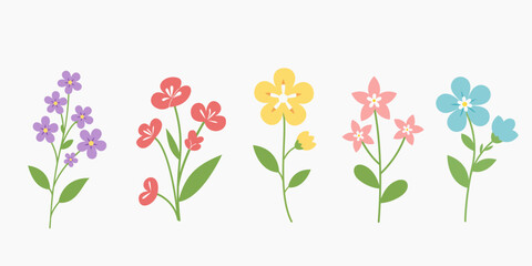Obraz premium Pastel blossom vector collection with clean flat flowers and leafy stems. Trendy floral graphics for nursery prints, invitations, scrapbook pages, and branding use